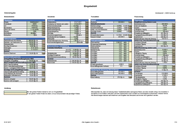 Eingabeblatt Immobilien Investment Rechner